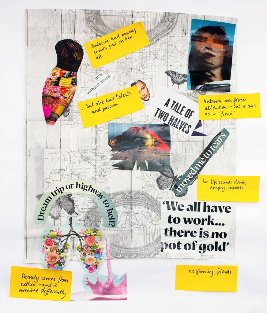 A collage the group created to show the barriers faced by Antonia Grandoni