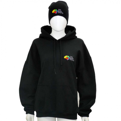 Mannequin wearing beanie and sweatshirt with The Brain Charity logo