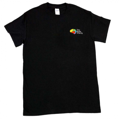 Black cotton T-shirt with Brain Charity logo