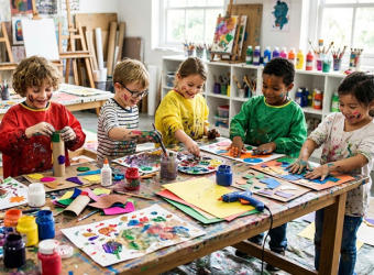 Children painting at a table.