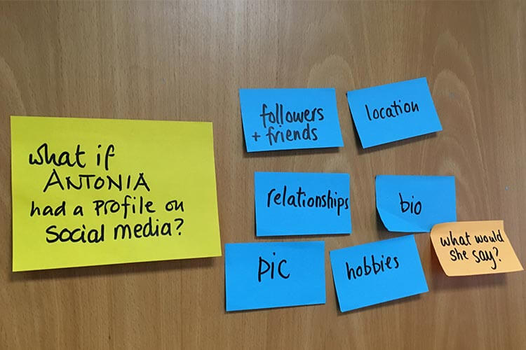 A workshop ideas board - What of Antonia had a profile on social media?