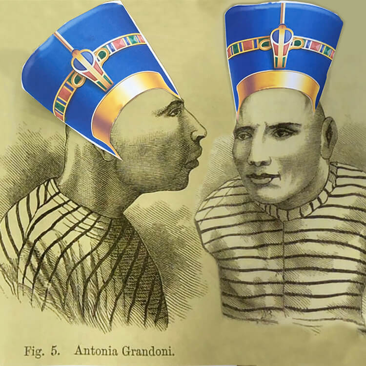 Original period line drawing of Antonia Grandoni wearing an ancient Egyptian crown