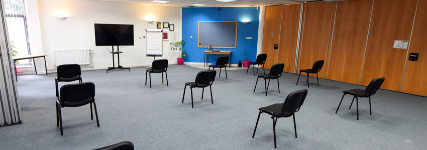 Coronavirus secure meeting room at The Brain Charity in Liverpool