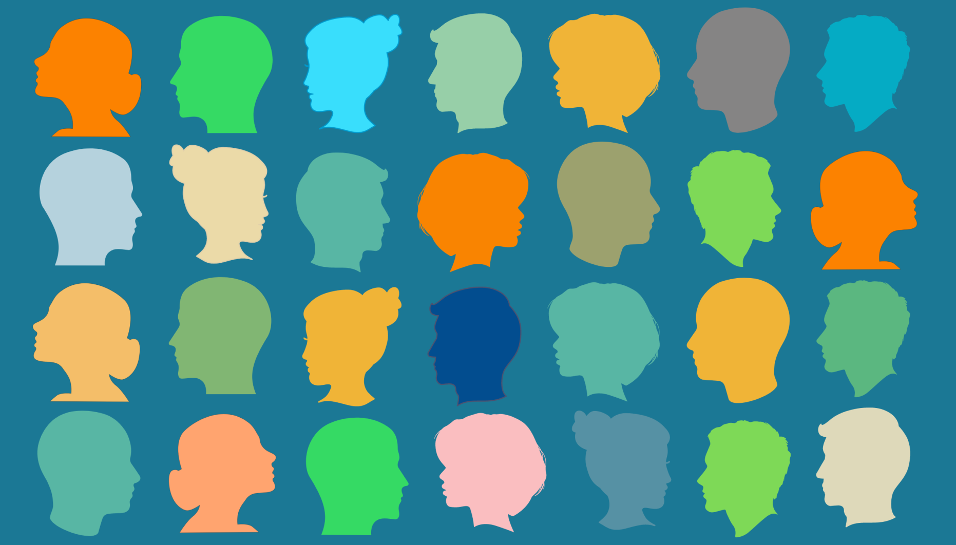 Neurodiversity - rows of head silhouettes in different colours