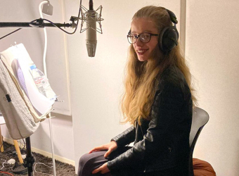 Ella recording her poetry