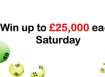 Image text: Win up to £25,000 every Saturday