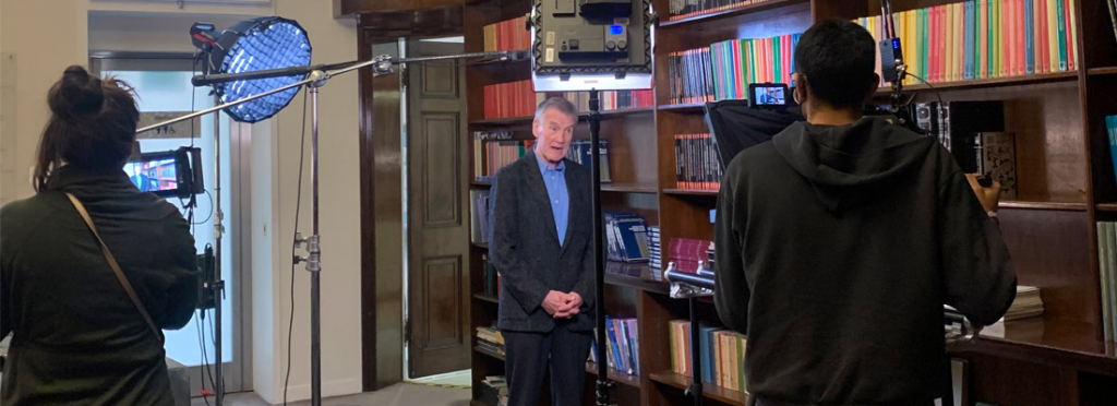 Sir Michael Palin filming the Brain Charity's BBC Lifeline appeal