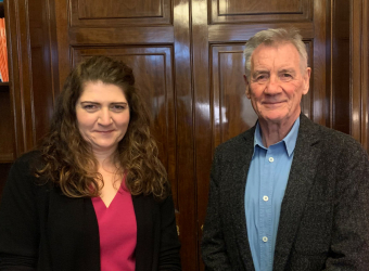 The Brain Charity's CEO Nanette Mellor with Sir Michael Palin at the filming of BBC lifeline