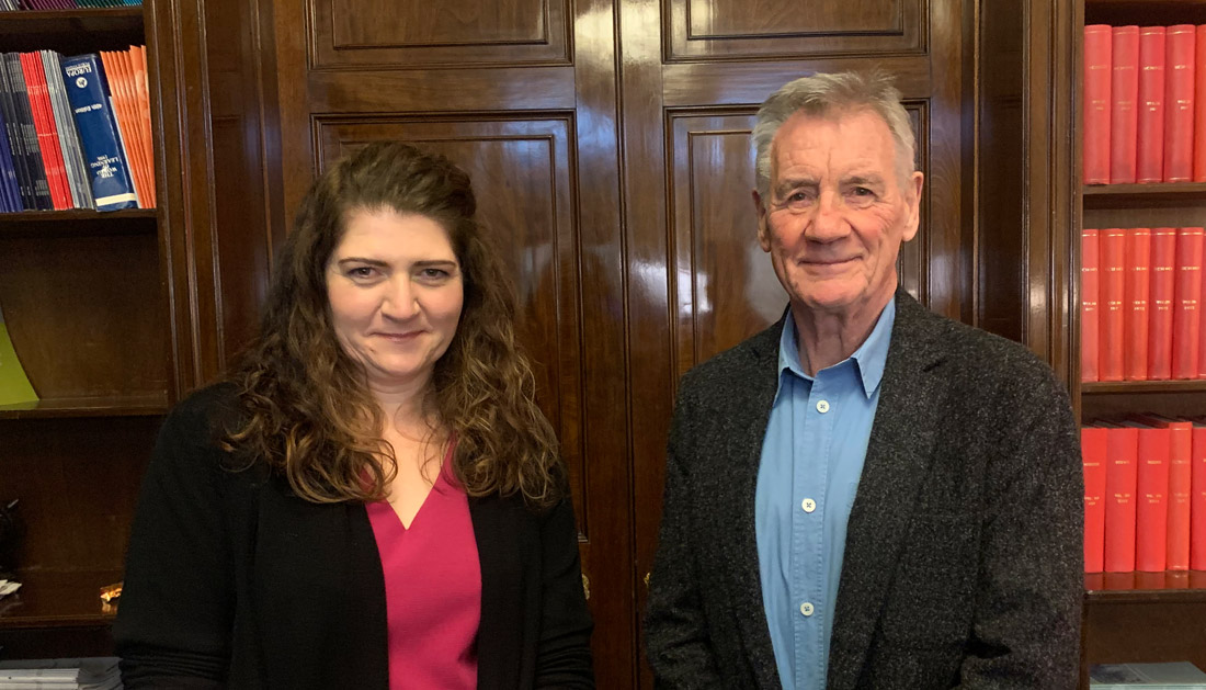 The Brain Charity's CEO Nanette Mellor with Sir Michael Palin at the filming of BBC lifeline