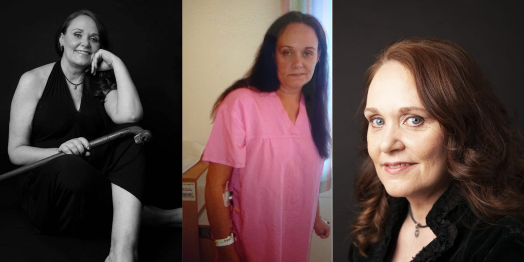Professional head shots of Pamela left and right, with a central image of her in hospital after her stroke.