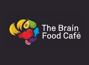 The Brain Food Cafe logo of food in The Brain Charity colours, on a black background