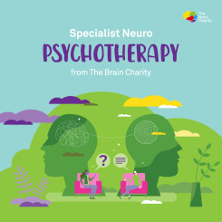 The words on this graphic read specialist neuro psychotherapy from The Brain Charity