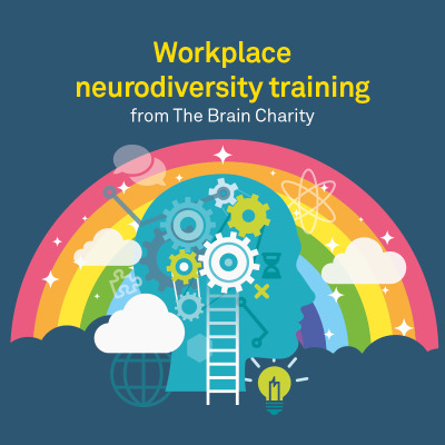 Neurodiversity training workshop -Shop image - rainbow behind head silhouette with with cogs
