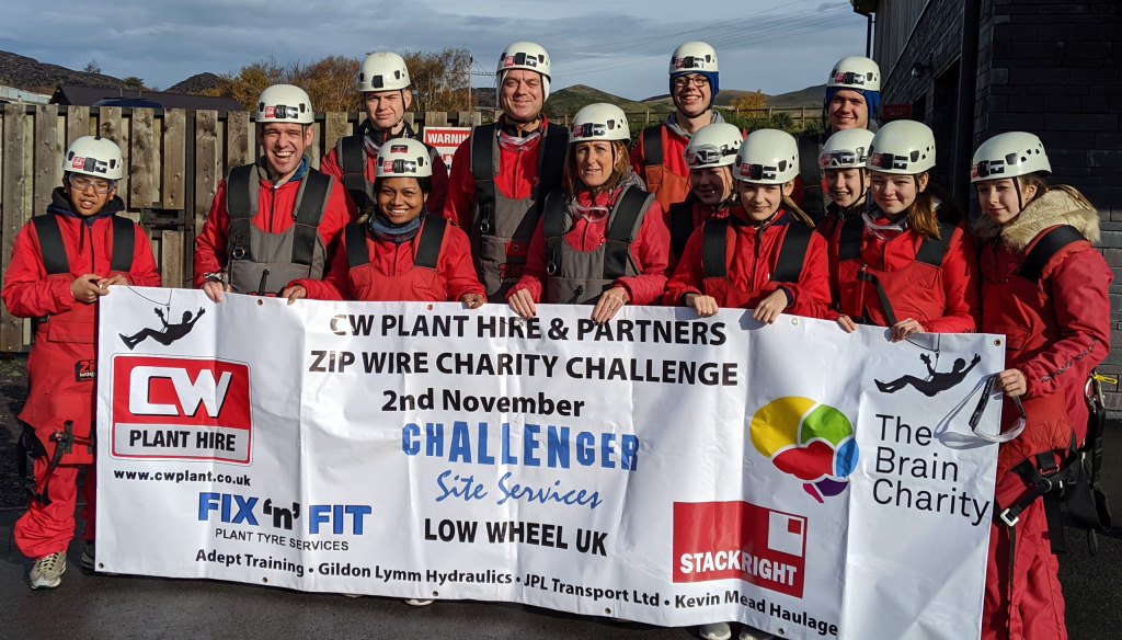  A zip-wire charity challenge team in flight suits and helmets