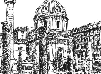 Line drawing of old buildings