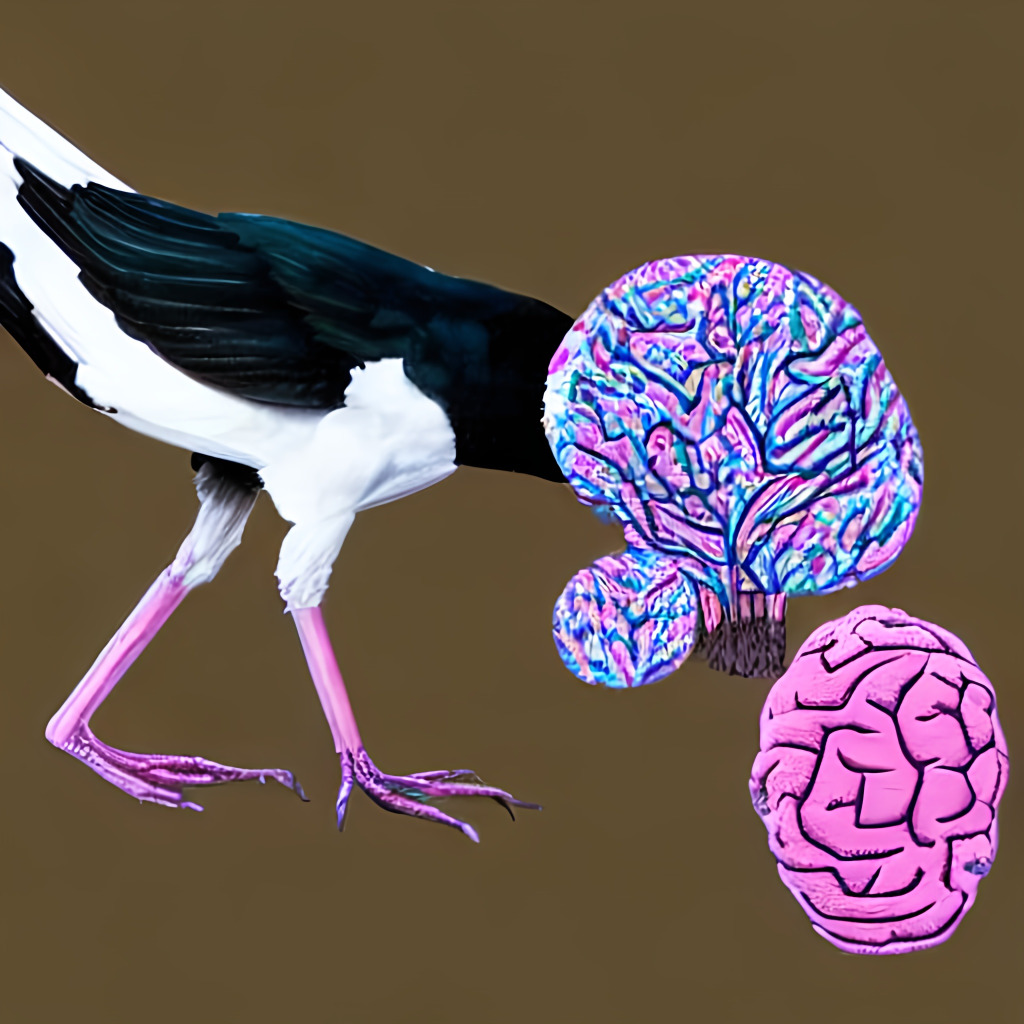 A black and white wading bird with colourful brains overlaying its head against a brown background