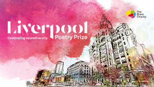 A line drawing of the Liver Building with colourful painted clouds. Liverpool Poetry Prize celebrating neurodiversity