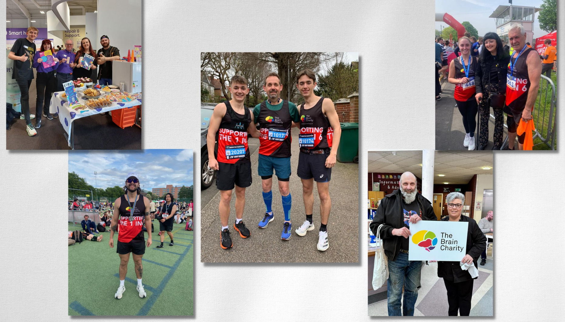 Some of the varied types of fundraisers for The Brain Charity, showing runners, bikers and people wearing nineties gear at work