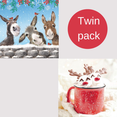 Cute at Christmas twin pack showing both card covers - festive donkeys and reindeer marshmallows
