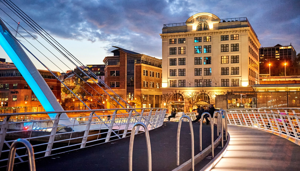 Illuminated exterior Malmaison Hotel at Quayside Newcastle