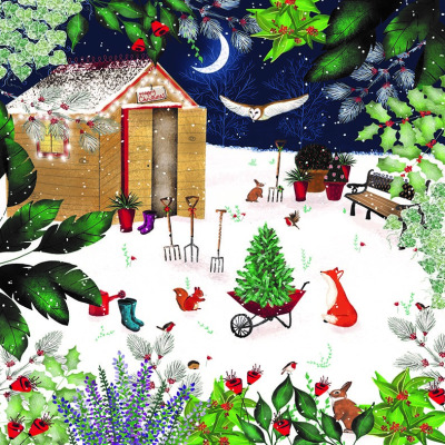 Drawing of a gardener's shed in a snowy garden. There is a fox and a wheelbarrow with a Christmas tree in it in the foreground.