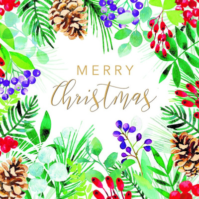The words Merry Christmas, with a border of festive plants and berries