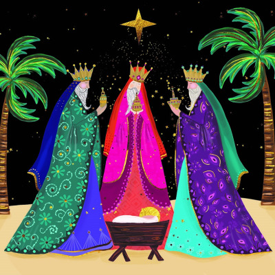 A colourful design of the three kings bringing gifts to the baby Jesus