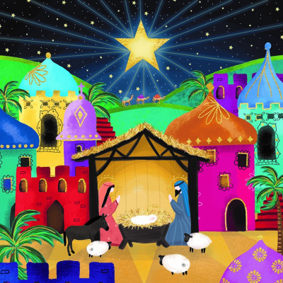 A colourful design of Jesus' manger in a stable in Bethlehem. There is a bright star shining overhead.