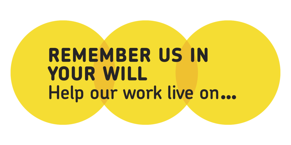 Three interlocking yellow circles in a line with the words remmeber us in your will. Help our work live on... written over them in black