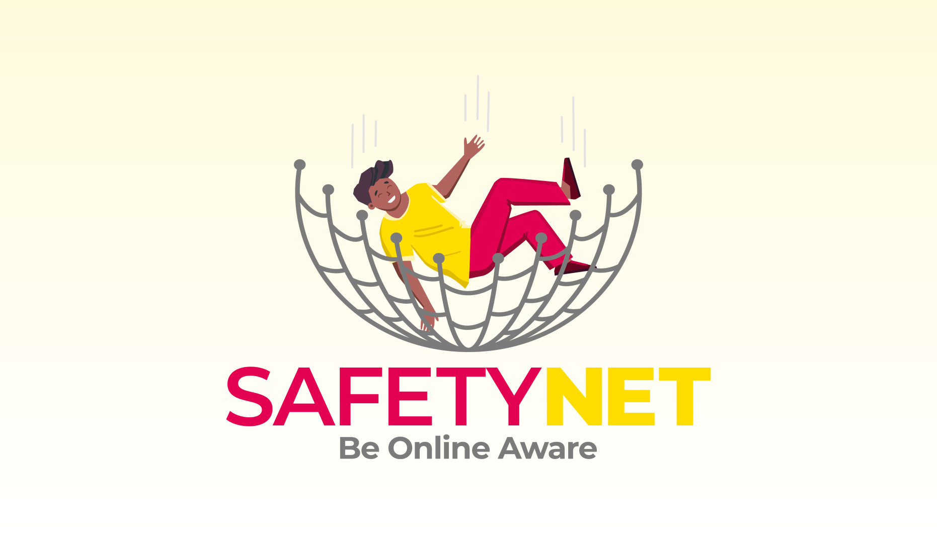 Man falling into a net with the words Safety net be online aware