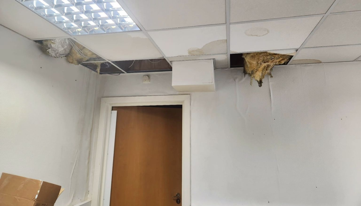 Rain damage to The Brain Charity offices caused by a collapsed ceiling from leaking roof
