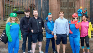 A group of fundraisers from HSBC in Yorkshire with two of their number dressed as the Mario Brothers