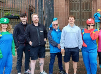 A group of fundraisers from HSBC in Yorkshire with two of their number dressed as the Mario Brothers