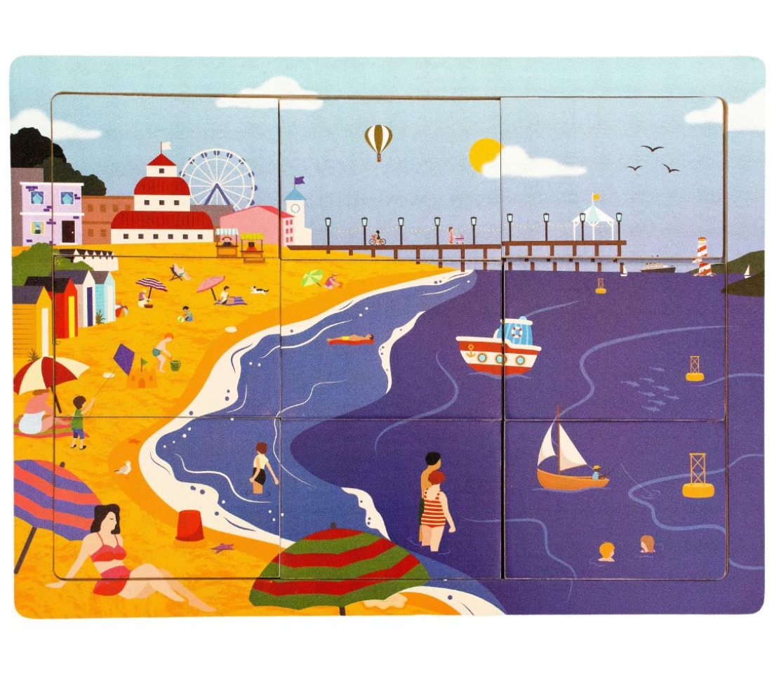 An accessible wooden jigsaw puzzle with a picture of a classic seaside scene.