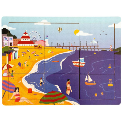 An accessible wooden jigsaw puzzle with a picture of a classic seaside scene.
