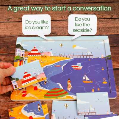 An accessible wooden jigsaw puzzle with a picture of a classic seaside scene.