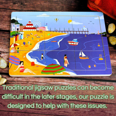 An accessible wooden jigsaw puzzle with a picture of a classic seaside scene.