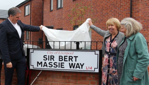 Liverpool Metro Mayor Steve Rotheram, Lady Maureen Massie and Yew Tree Ward Councillor Barbara Murray unveil Sir Bert Massie Way