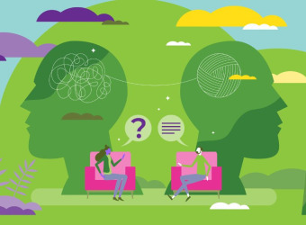 Two people sitting in chairs in a park, talking. There are large head graphics behind them with a thread running between. In the head on the left the thread is in a mess; on the right it's neatly wound into a ball