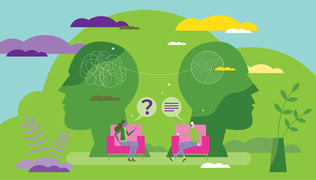 Two people sitting in chairs in a park, talking. There are large head graphics behind them with a thread running between. In the head on the left the thread is in a mess; on the right it's neatly wound into a ball
