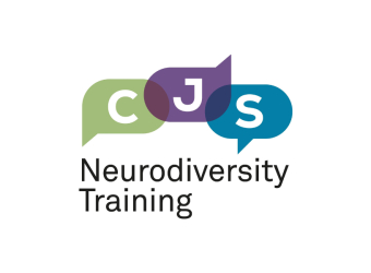 A logo consisting of three speech bubbles with the letters C, J and S across the top of the graphic and the words neurodiversity training below