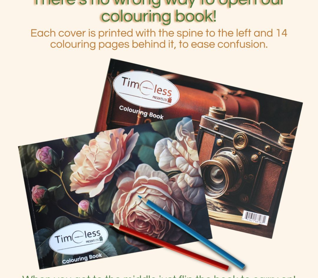 Dementia friendly colouring book showing both cover designs - roses and a vintage camera