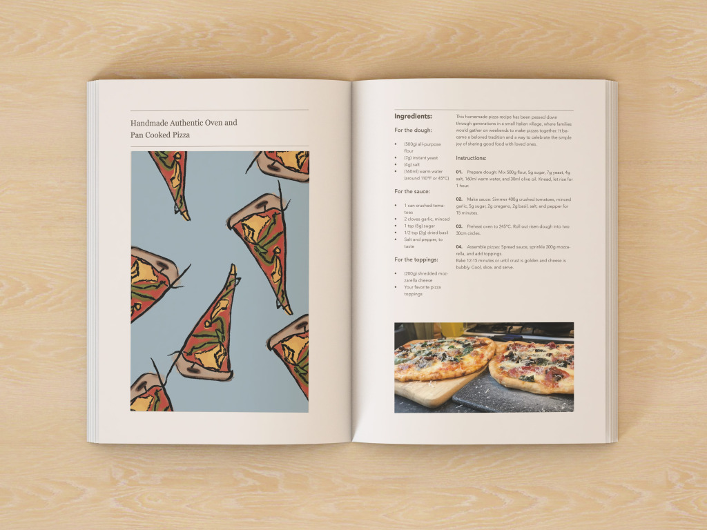 The first project Holly and Josh worked on together, a cookbook featuring Holly's art. The left page has a drawing of pizza slices and on the right side is a recipe for pizza, with a photograph of two pizzas at the bottom. 