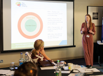 A group receiving training. A woman stands at the front and there is a slidesow on a wall screen