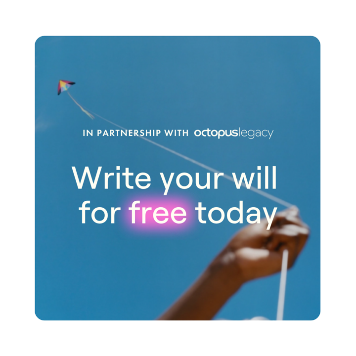 Picture of a kite flying in the sky with a hand holding the string and the words write your will for free today in partnership with Octopus Legacy.