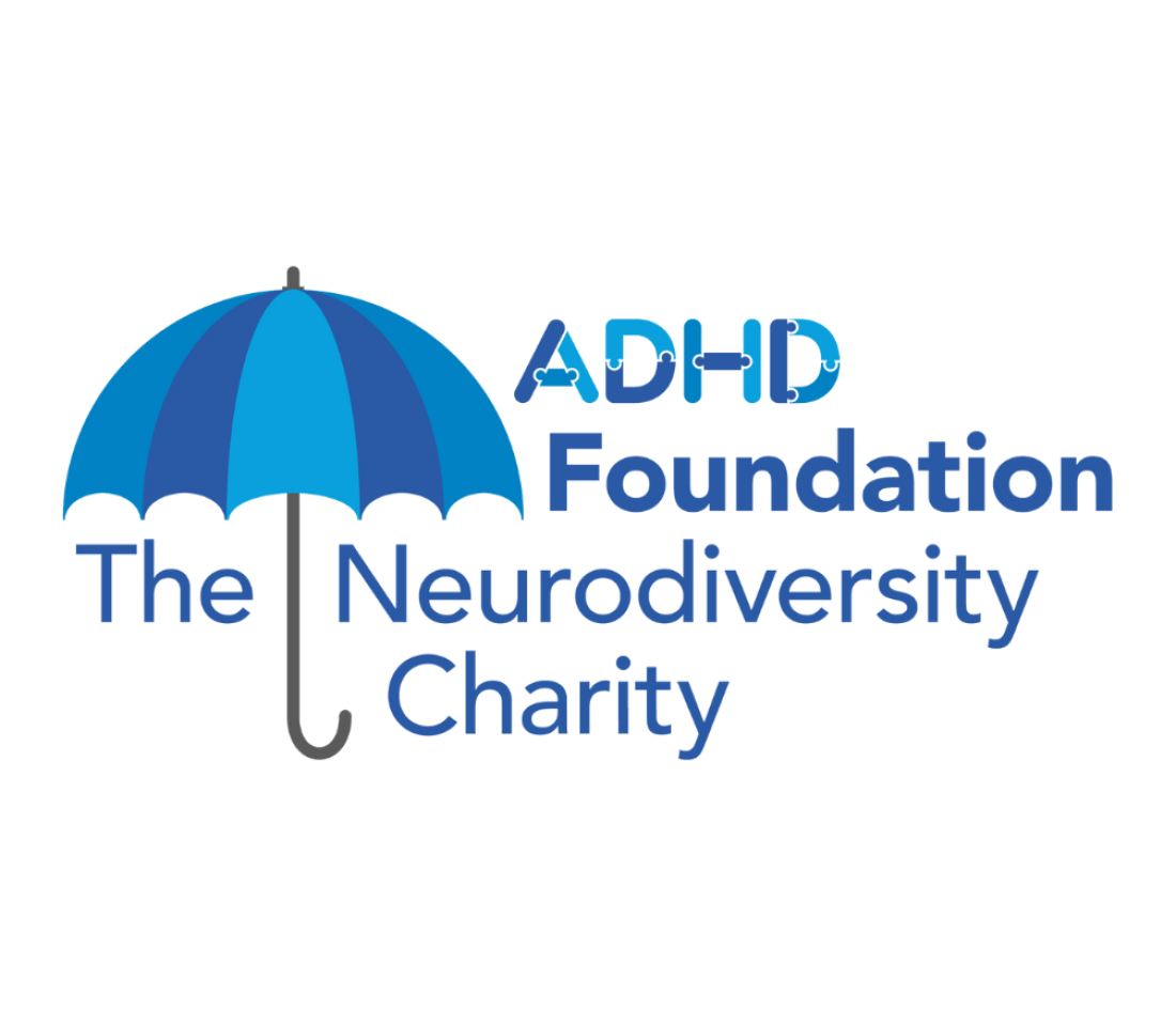 Logo of the ADHD Foundation featuring a blue umbrella with the words ADHD foundation The Neurodiversity Charity