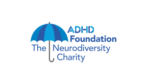 Logo of the ADHD Foundation featuring a blue umbrella with the words ADHD foundation The Neurodiversity Charity