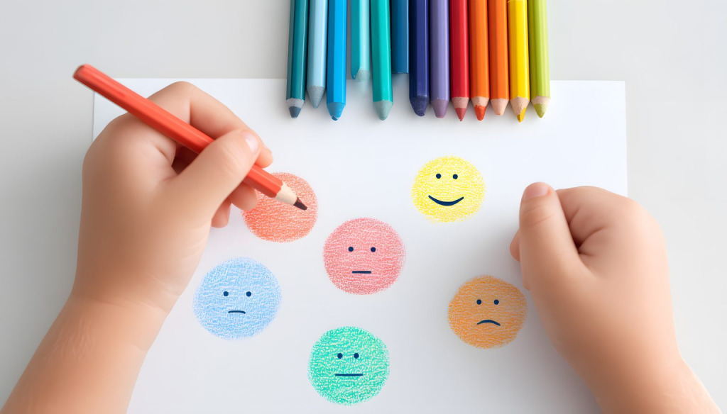 A child's hands drawing faces with different expressions with coloured pencils