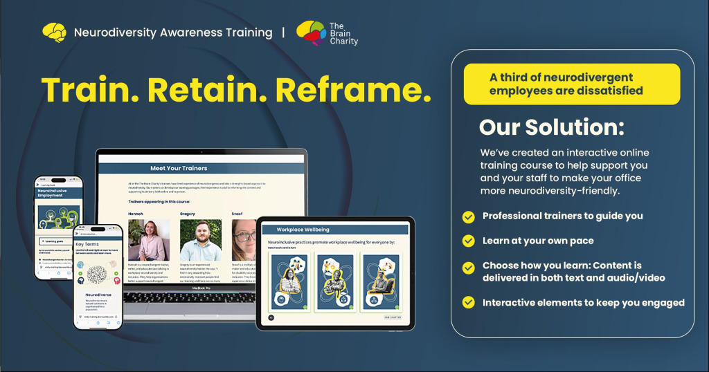Neurodiversity Awareness Training flyer. Train. Retain. Reframe. Our solution