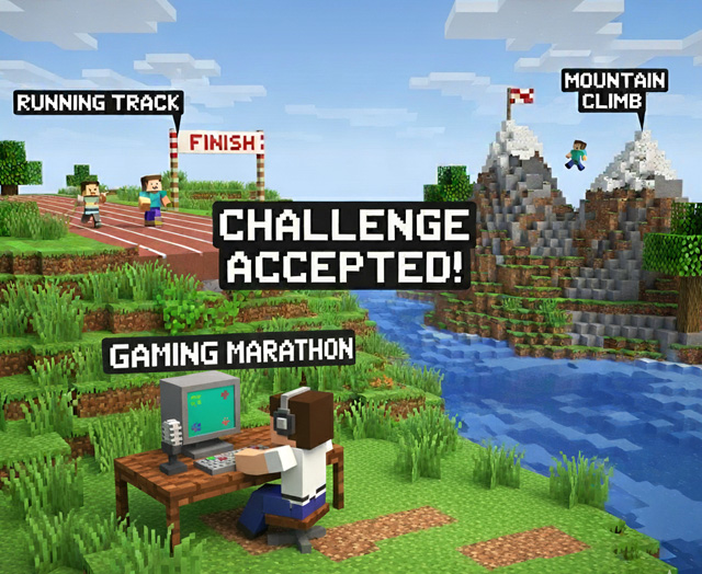 A virtual landscape with a gamer sitting at a table near a river and the words challenge accepted!